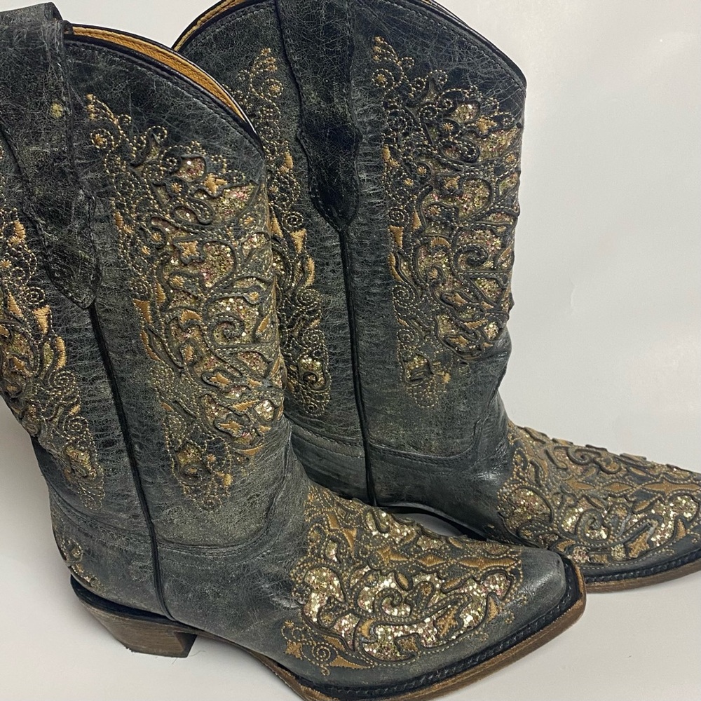Corral Black and Gold Glitter Embroidered Kids Cowboy Boots